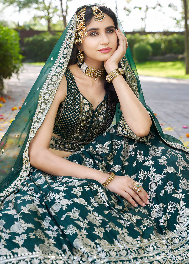 Emerald Green Jacquard Dola Silk Lehenga Choli with Floral Zari, Sequin &amp; Ornate Border Detailing