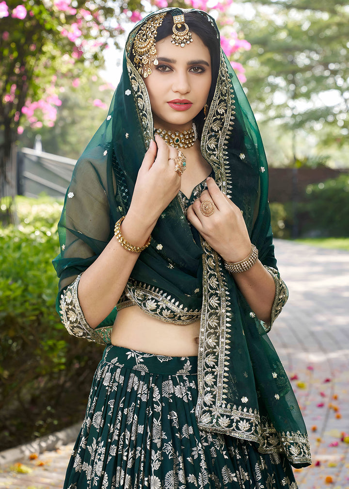 Emerald Green Jacquard Dola Silk Lehenga Choli with Floral Zari, Sequin &amp; Ornate Border Detailing