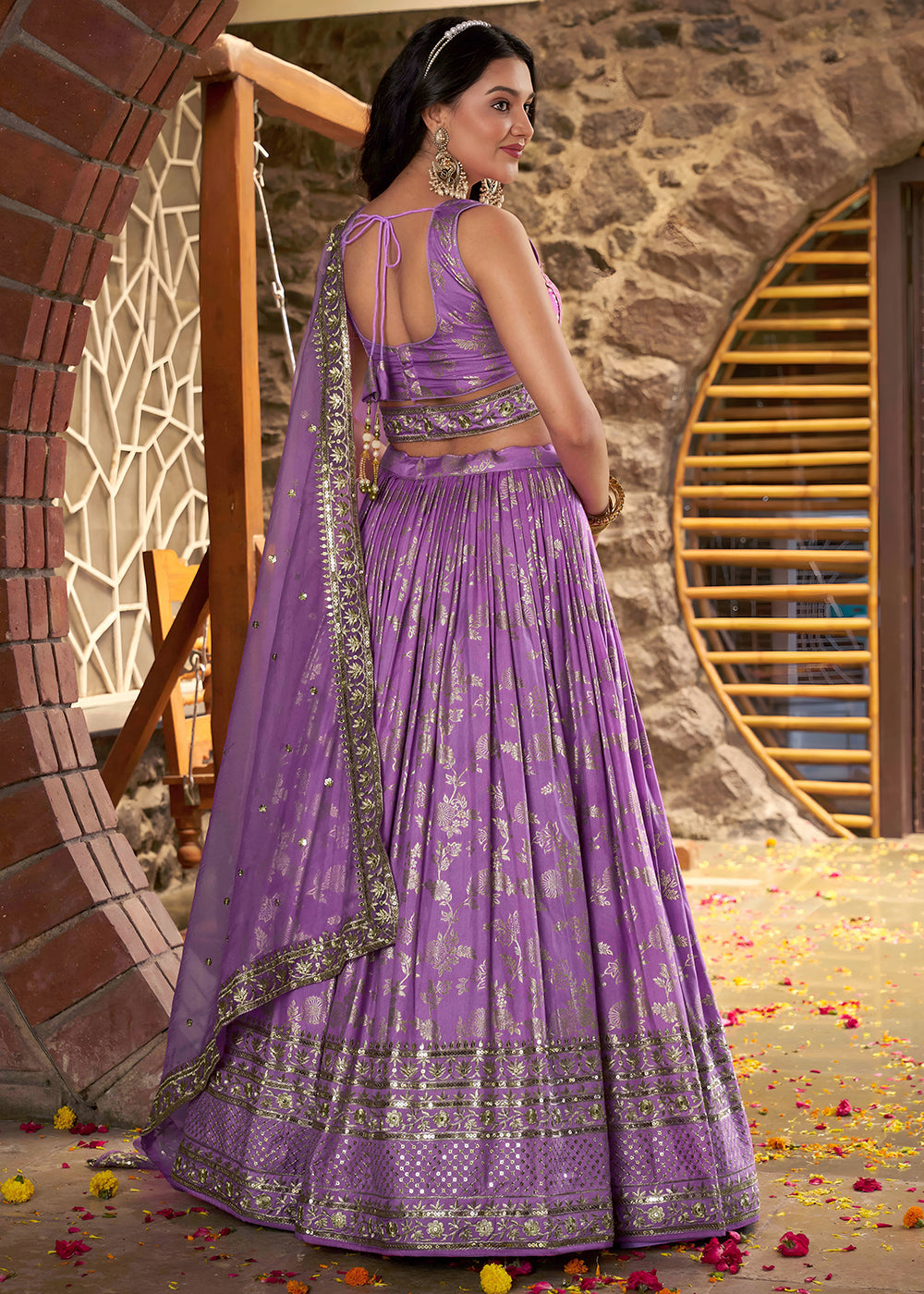 Lavender Purple Jacquard Dola Silk Lehenga Choli with Delicate Zari &amp; Sequin Detailing