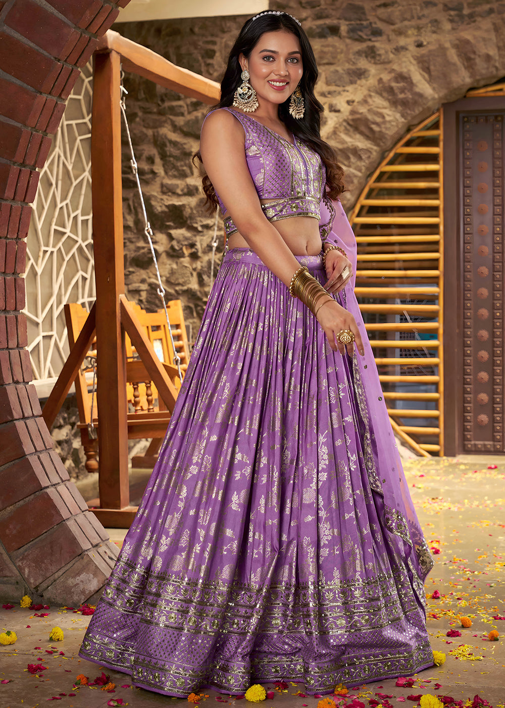 Lavender Purple Jacquard Dola Silk Lehenga Choli with Delicate Zari &amp; Sequin Detailing