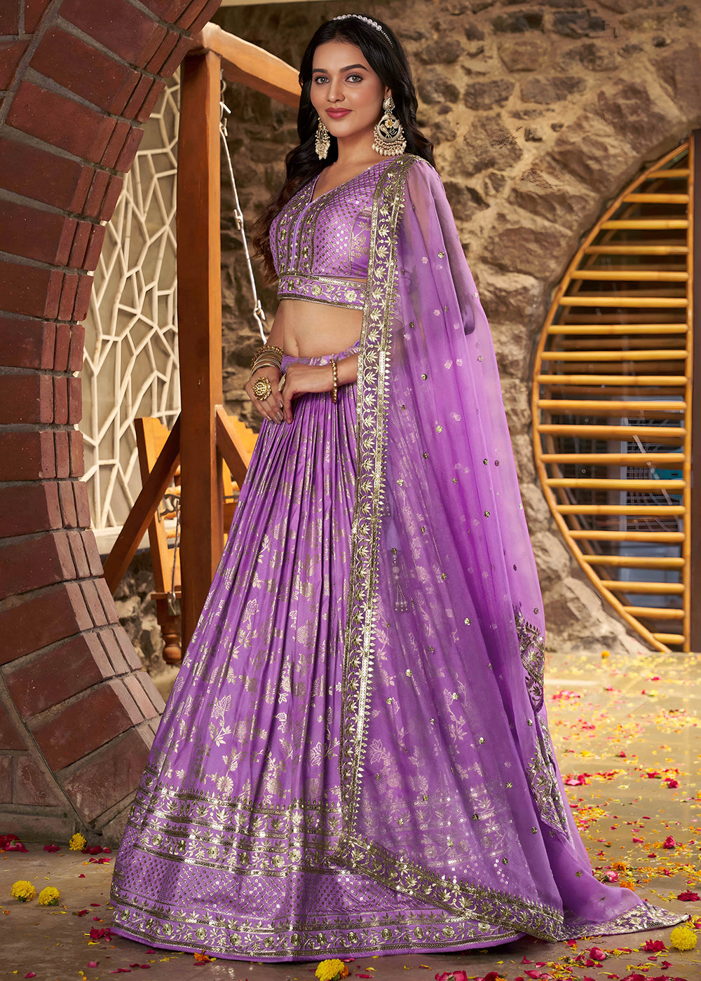 Lavender Purple Jacquard Dola Silk Lehenga Choli with Delicate Zari &amp; Sequin Detailing
