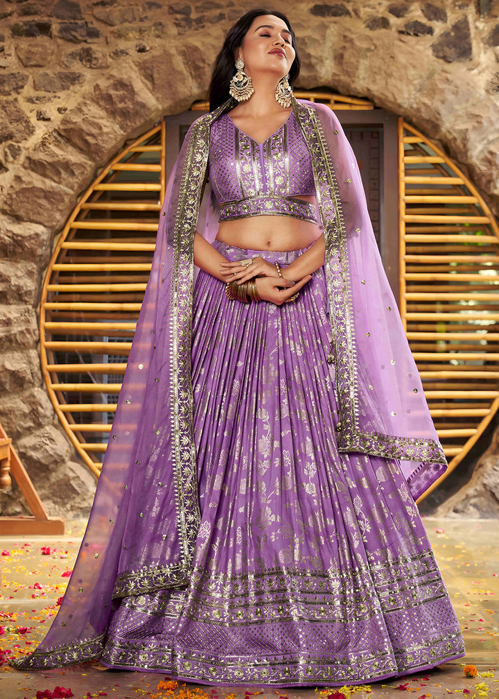 Lavender Purple Jacquard Dola Silk Lehenga Choli with Delicate Zari &amp; Sequin Detailing