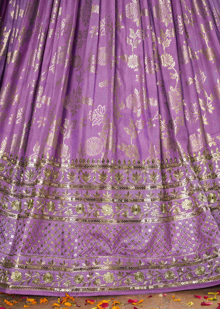 Lavender Purple Jacquard Dola Silk Lehenga Choli with Delicate Zari &amp; Sequin Detailing