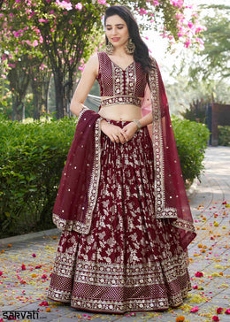 Maroon Red Jacquard Dola Silk Lehenga Choli with Floral Zari, Sequin & Ornate Border Detailing