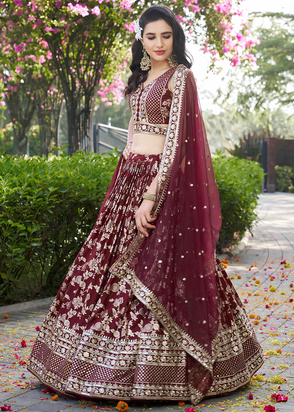 Maroon Red Jacquard Dola Silk Lehenga Choli with Floral Zari, Sequin &amp; Ornate Border Detailing