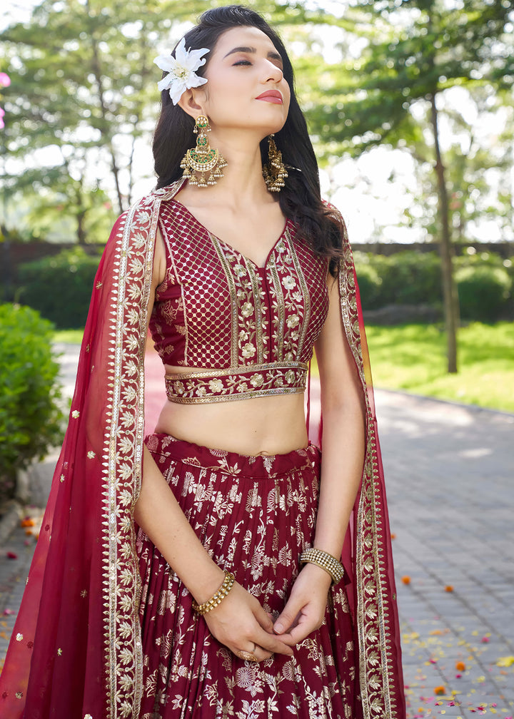 Maroon Red Jacquard Dola Silk Lehenga Choli with Floral Zari, Sequin &amp; Ornate Border Detailing