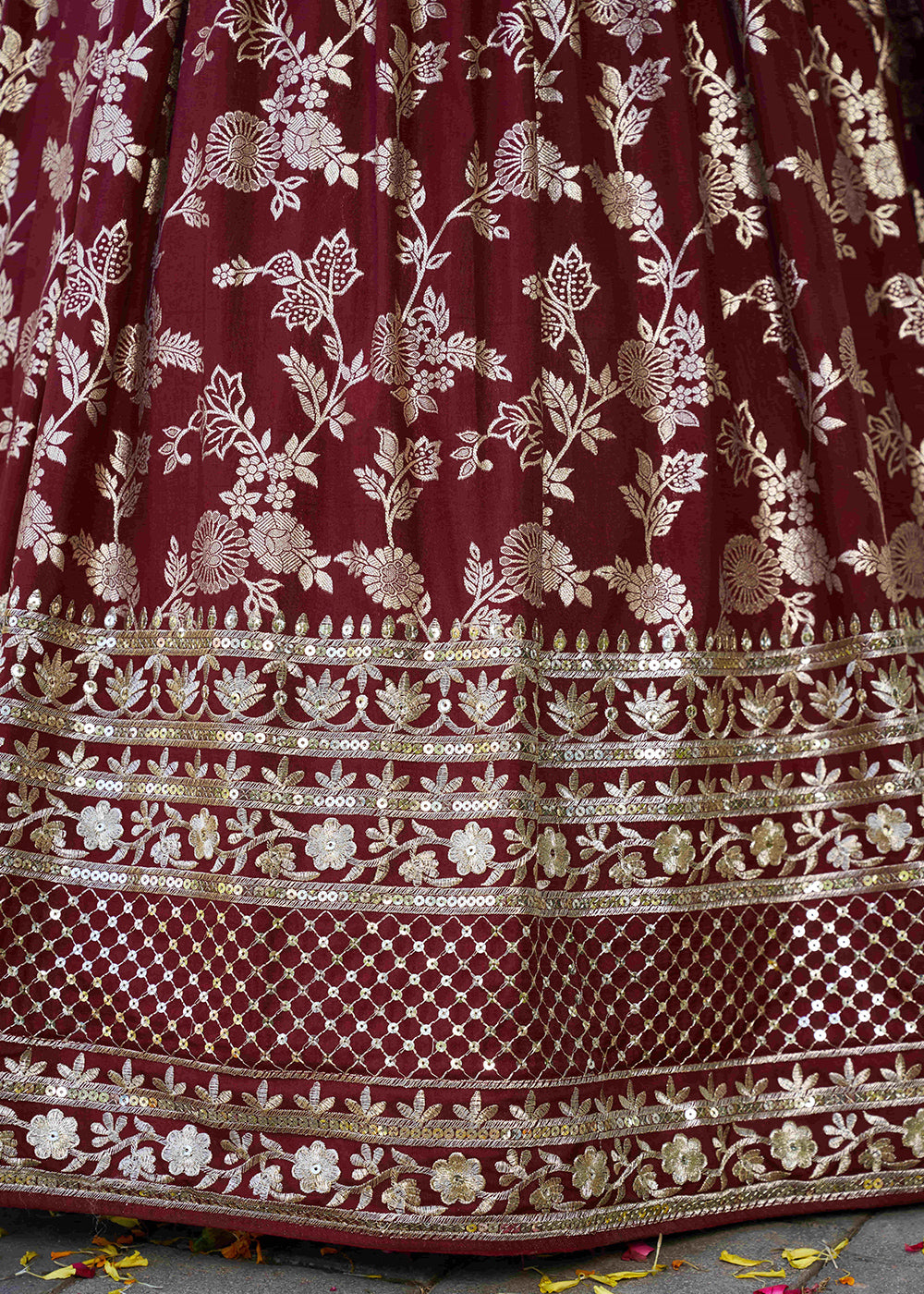 Maroon Red Jacquard Dola Silk Lehenga Choli with Floral Zari, Sequin &amp; Ornate Border Detailing