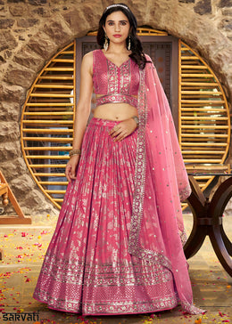 Coral Peach Pink Jacquard Dola Silk Lehenga Choli with Delicate Zari & Sequin Detailing