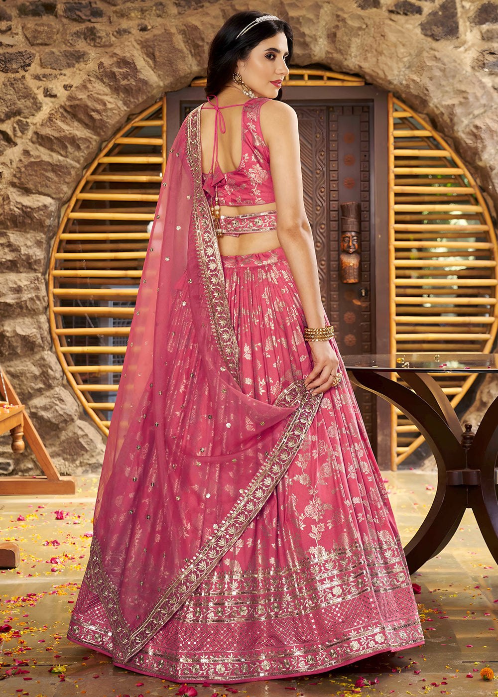 Coral Peach Pink Jacquard Dola Silk Lehenga Choli with Delicate Zari &amp; Sequin Detailing