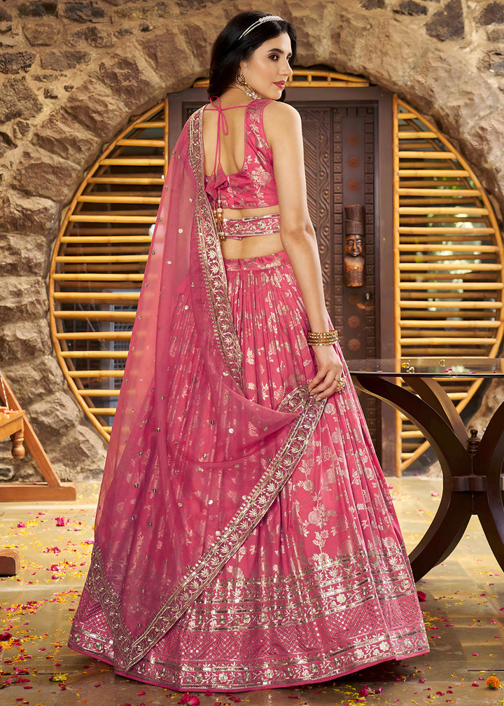 Coral Peach Pink Jacquard Dola Silk Lehenga Choli with Delicate Zari &amp; Sequin Detailing