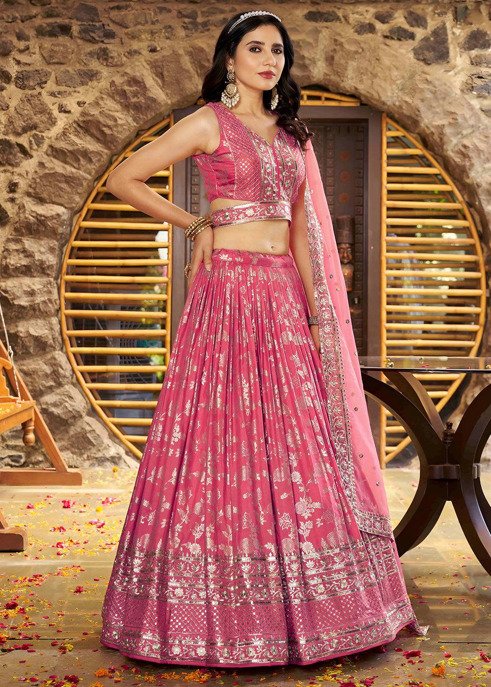 Coral Peach Pink Jacquard Dola Silk Lehenga Choli with Delicate Zari &amp; Sequin Detailing