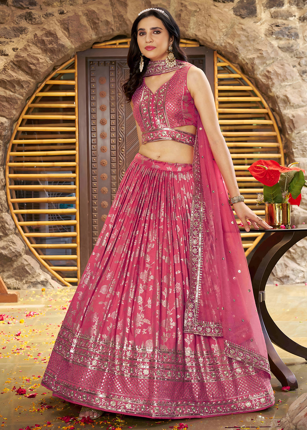 Coral Peach Pink Jacquard Dola Silk Lehenga Choli with Delicate Zari &amp; Sequin Detailing