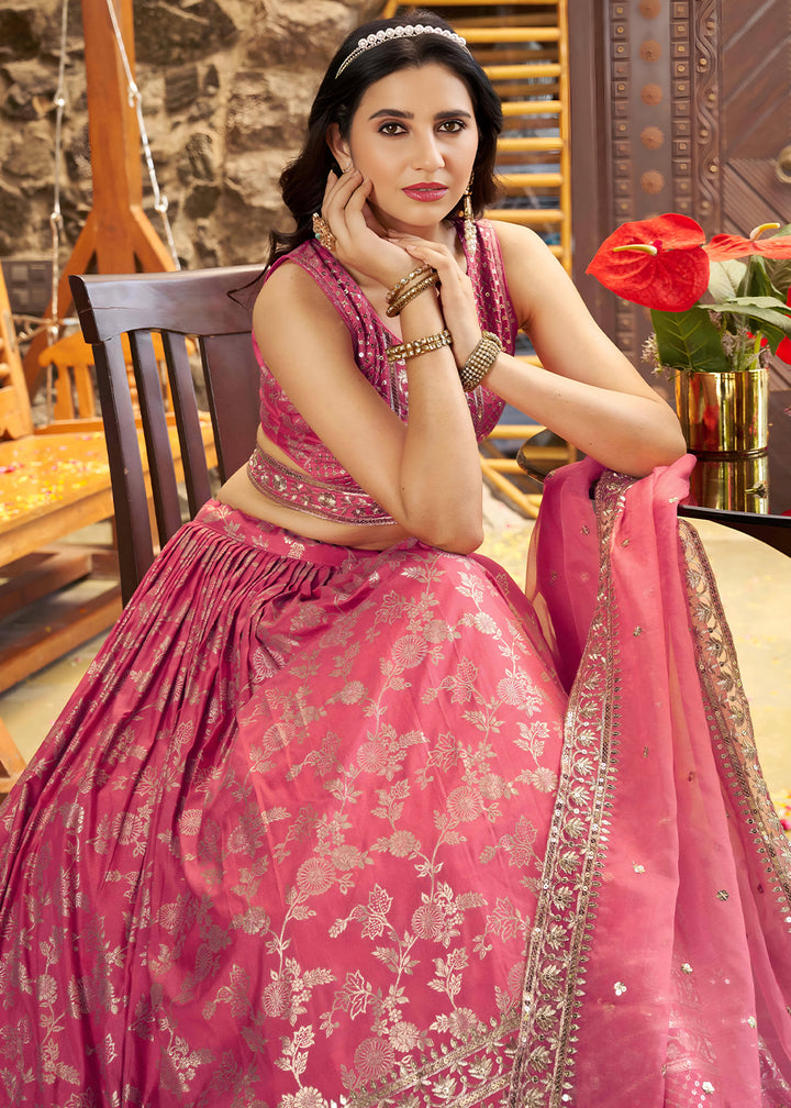 Coral Peach Pink Jacquard Dola Silk Lehenga Choli with Delicate Zari &amp; Sequin Detailing