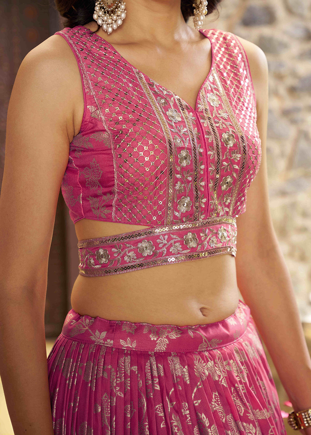 Coral Peach Pink Jacquard Dola Silk Lehenga Choli with Delicate Zari &amp; Sequin Detailing