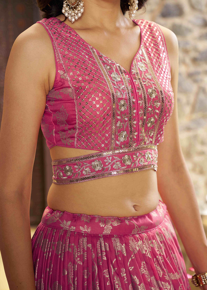 Coral Peach Pink Jacquard Dola Silk Lehenga Choli with Delicate Zari &amp; Sequin Detailing