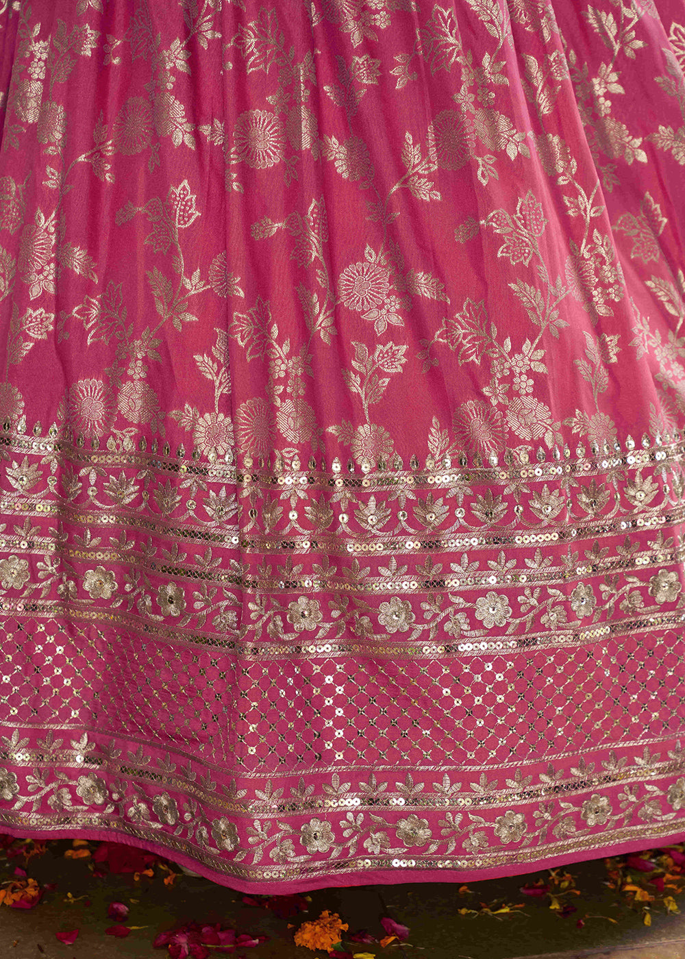 Coral Peach Pink Jacquard Dola Silk Lehenga Choli with Delicate Zari &amp; Sequin Detailing