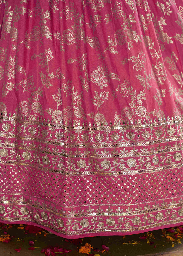 Coral Peach Pink Jacquard Dola Silk Lehenga Choli with Delicate Zari &amp; Sequin Detailing