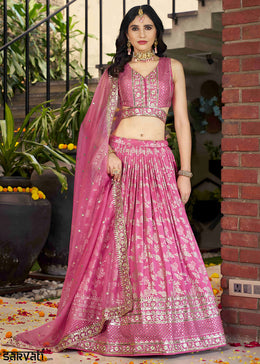 Rose Pink Jacquard Dola Silk Lehenga Choli with Rich Zari Embroidery