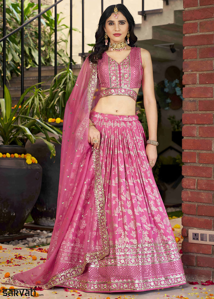 Rose Pink Jacquard Dola Silk Lehenga Choli with Rich Zari Embroidery