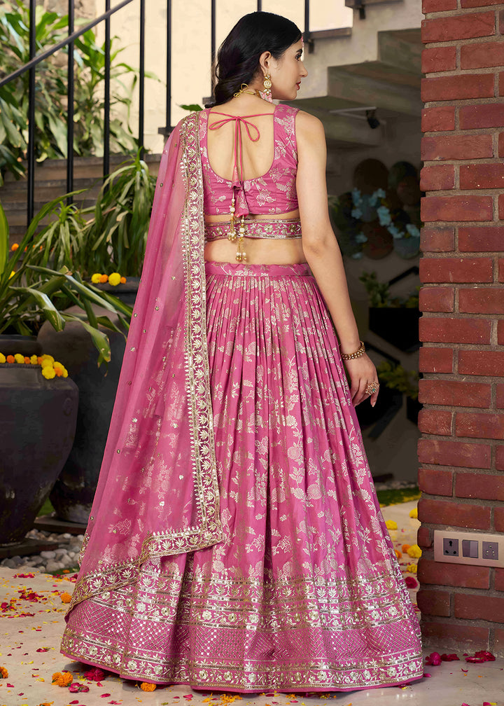 Rose Pink Jacquard Dola Silk Lehenga Choli with Rich Zari Embroidery