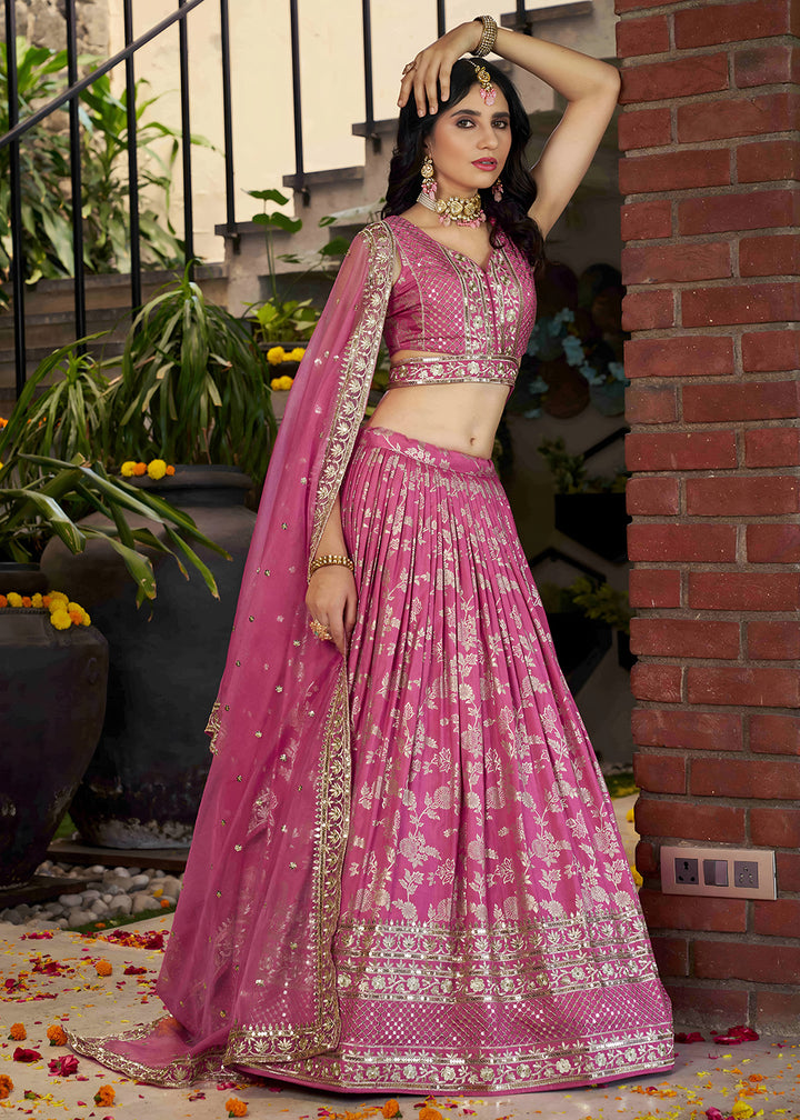 Rose Pink Jacquard Dola Silk Lehenga Choli with Rich Zari Embroidery