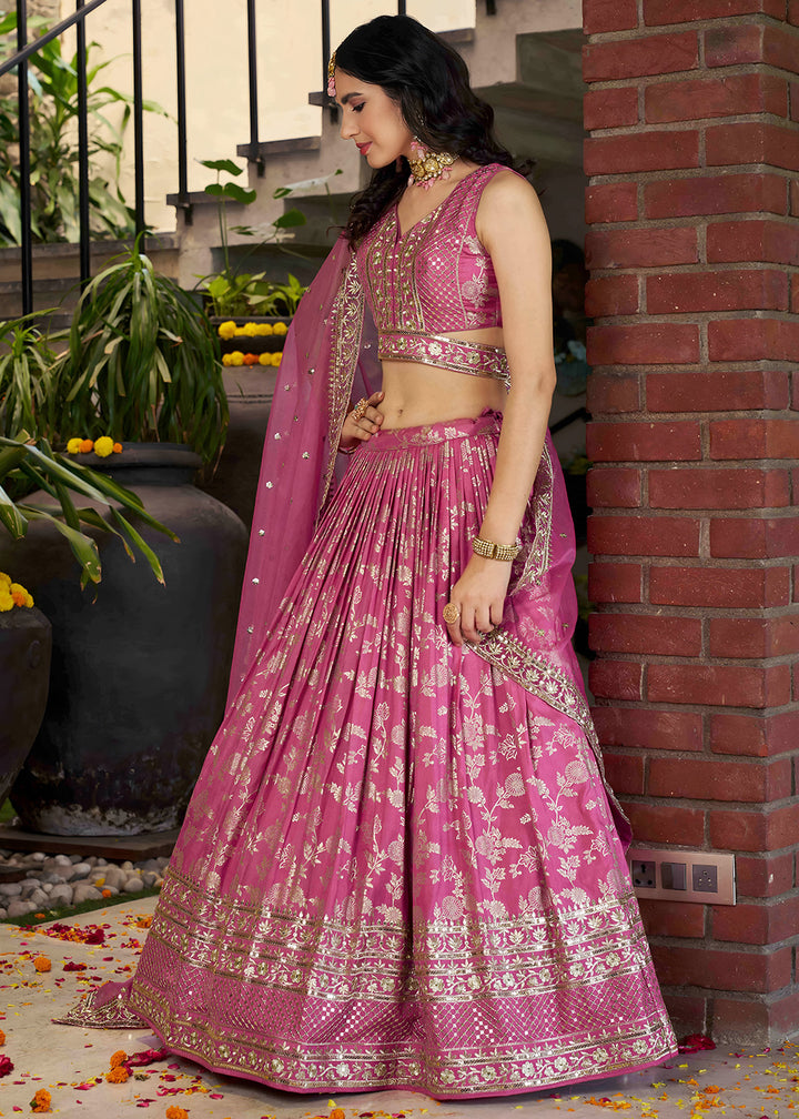 Rose Pink Jacquard Dola Silk Lehenga Choli with Rich Zari Embroidery