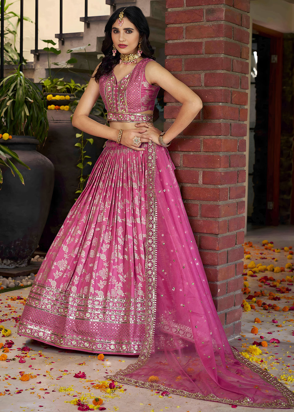 Rose Pink Jacquard Dola Silk Lehenga Choli with Rich Zari Embroidery