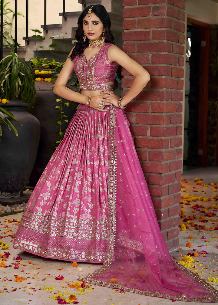 Rose Pink Jacquard Dola Silk Lehenga Choli with Rich Zari Embroidery