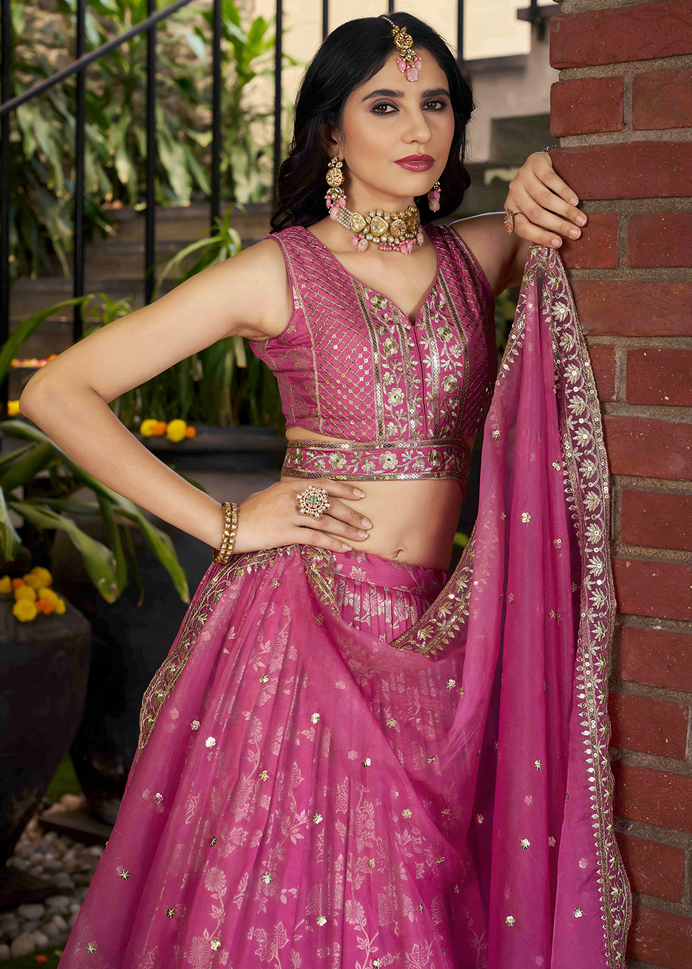 Rose Pink Jacquard Dola Silk Lehenga Choli with Rich Zari Embroidery