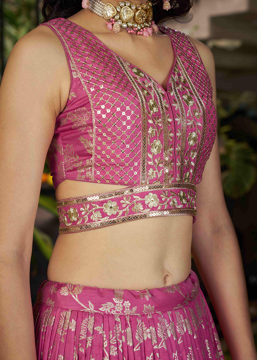 Rose Pink Jacquard Dola Silk Lehenga Choli with Rich Zari Embroidery