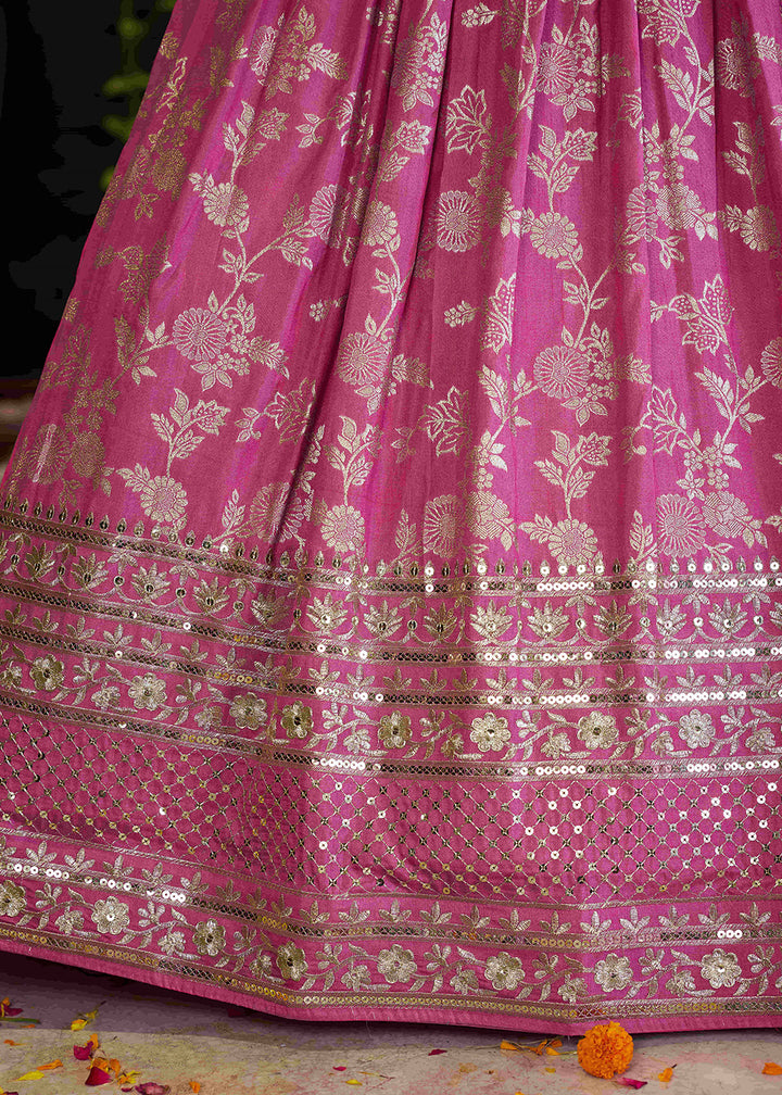 Rose Pink Jacquard Dola Silk Lehenga Choli with Rich Zari Embroidery