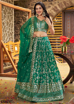 Teal Green Jacquard Dola Silk Lehenga Choli with Delicate Zari & Sequin Detailing