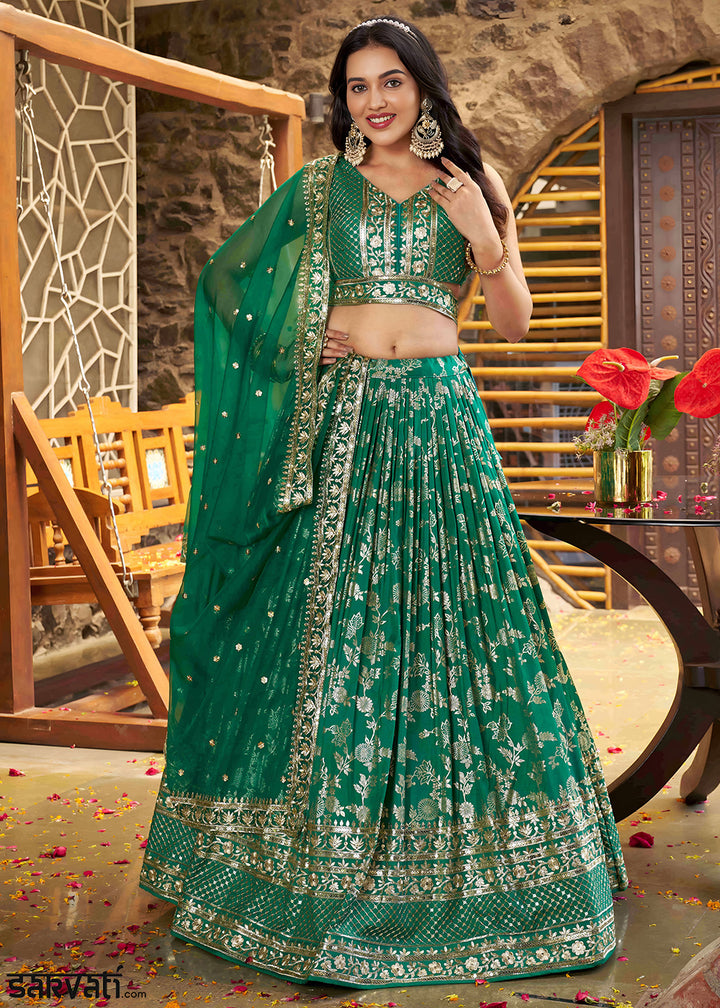 Teal Green Jacquard Dola Silk Lehenga Choli with Delicate Zari &amp; Sequin Detailing
