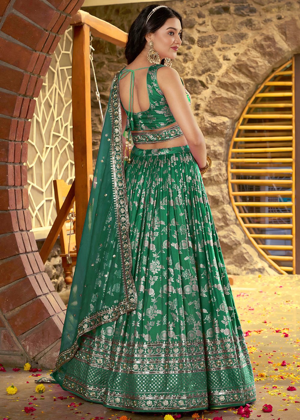 Teal Green Jacquard Dola Silk Lehenga Choli with Delicate Zari &amp; Sequin Detailing
