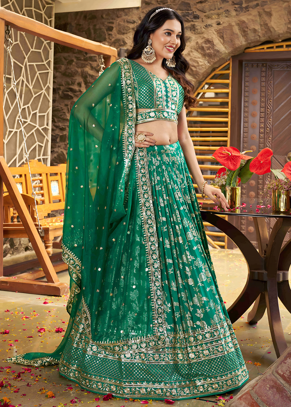 Teal Green Jacquard Dola Silk Lehenga Choli with Delicate Zari &amp; Sequin Detailing