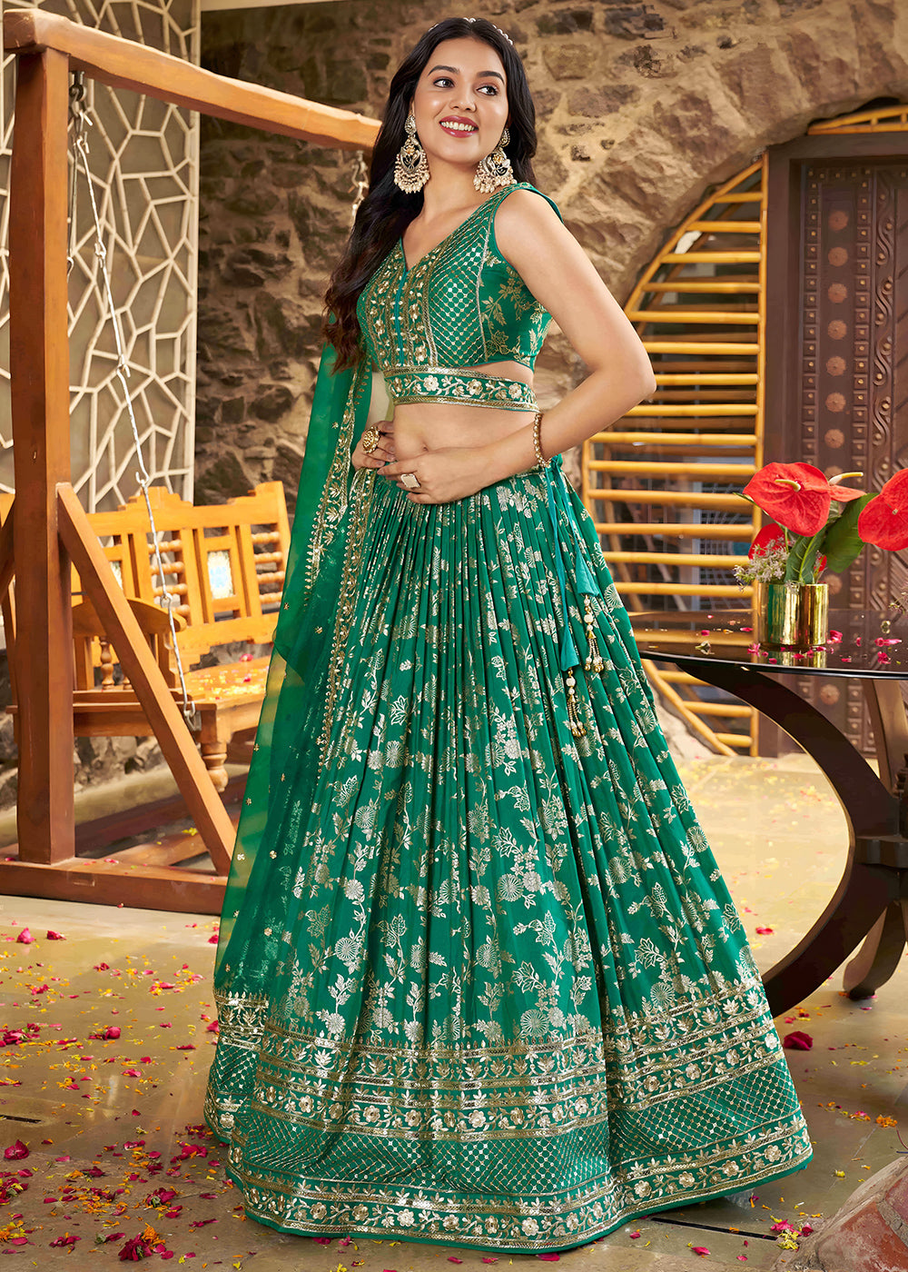 Teal Green Jacquard Dola Silk Lehenga Choli with Delicate Zari &amp; Sequin Detailing
