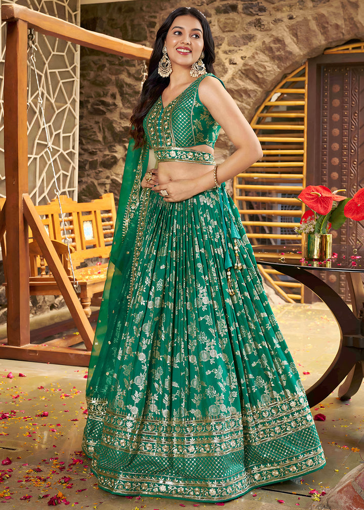 Teal Green Jacquard Dola Silk Lehenga Choli with Delicate Zari &amp; Sequin Detailing