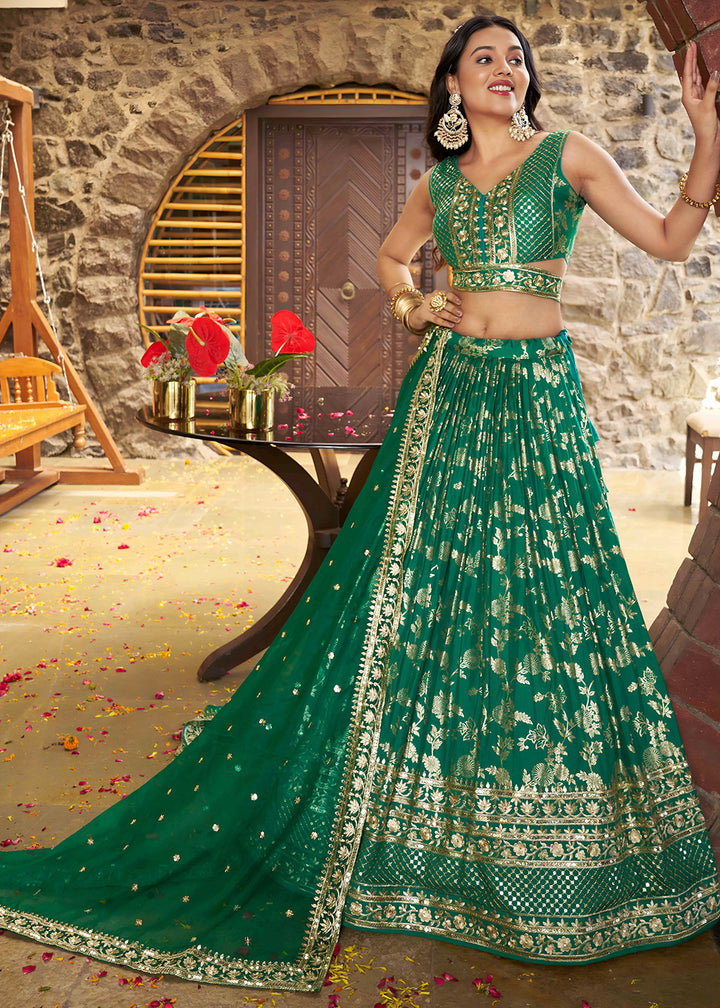 Teal Green Jacquard Dola Silk Lehenga Choli with Delicate Zari &amp; Sequin Detailing