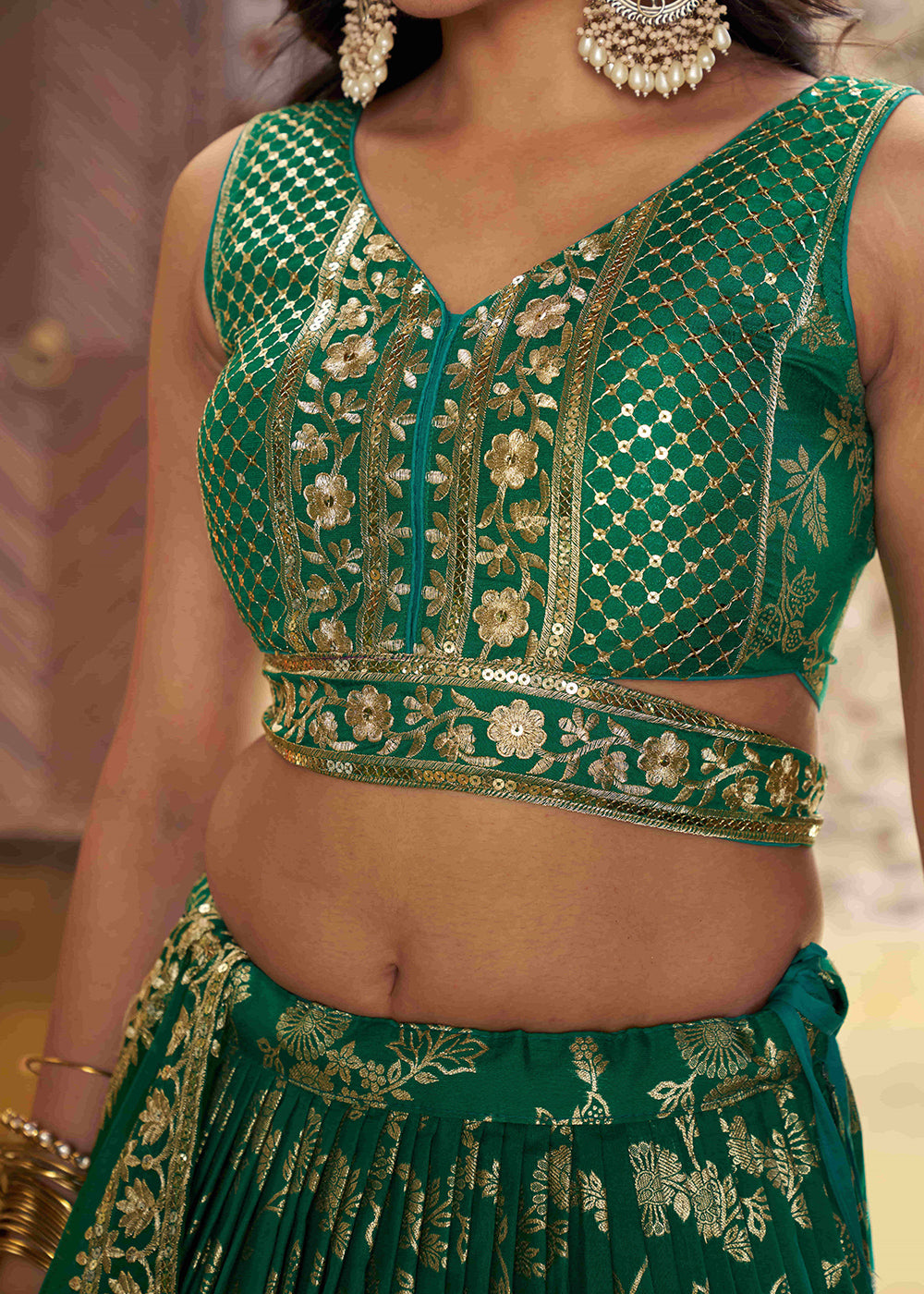 Teal Green Jacquard Dola Silk Lehenga Choli with Delicate Zari &amp; Sequin Detailing
