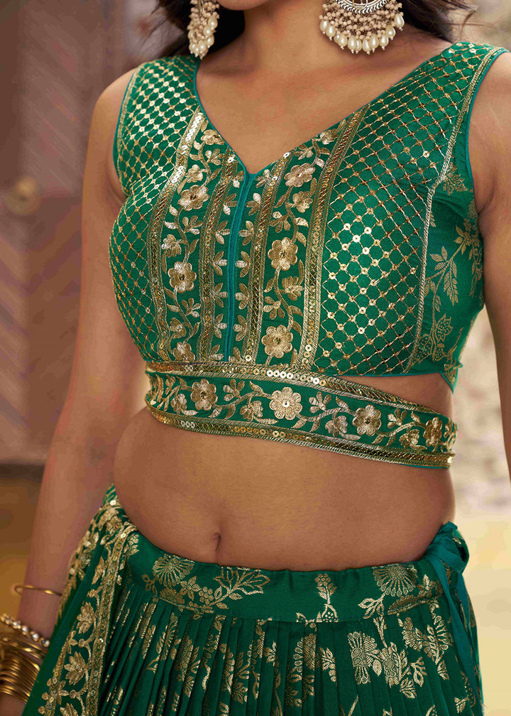 Teal Green Jacquard Dola Silk Lehenga Choli with Delicate Zari &amp; Sequin Detailing