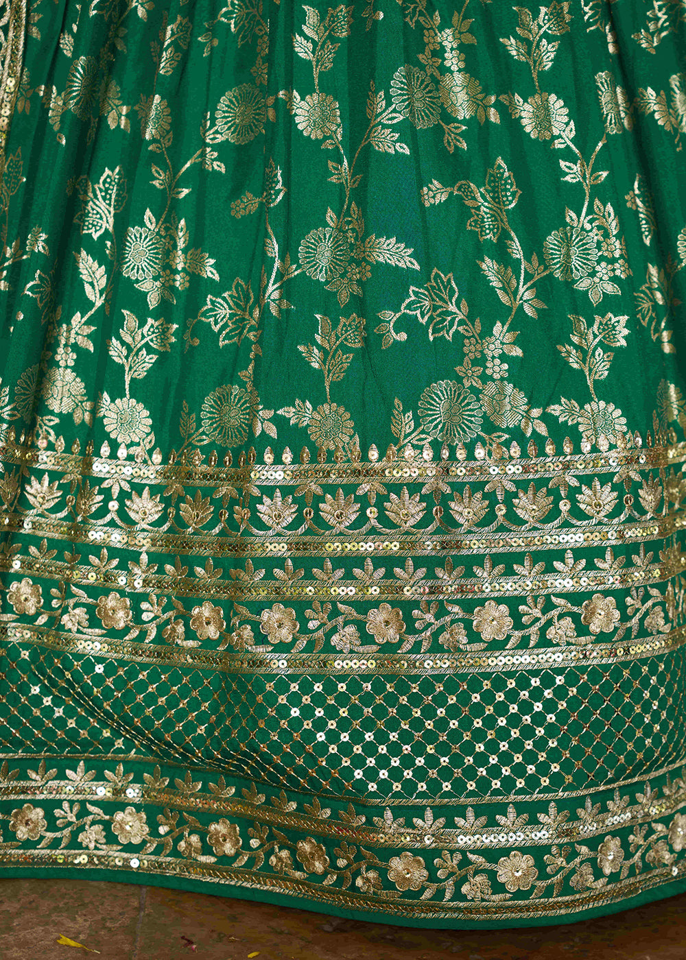 Teal Green Jacquard Dola Silk Lehenga Choli with Delicate Zari &amp; Sequin Detailing
