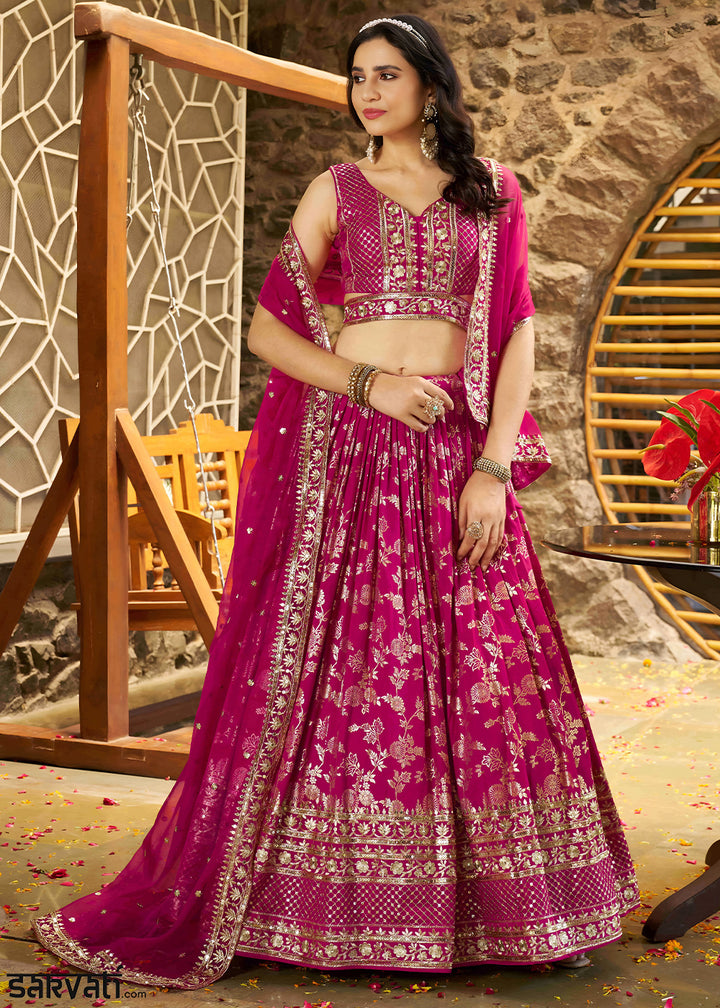 Magenta Pink Jacquard Dola Silk Lehenga Choli with Delicate Zari &amp; Sequin Detailing