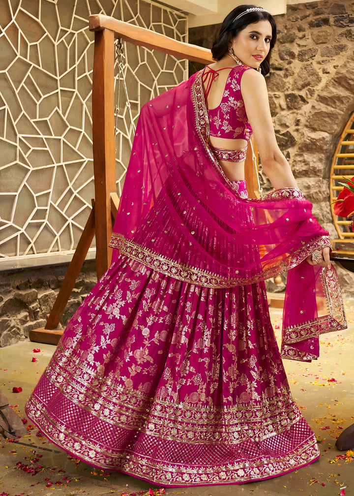 Magenta Pink Jacquard Dola Silk Lehenga Choli with Delicate Zari &amp; Sequin Detailing