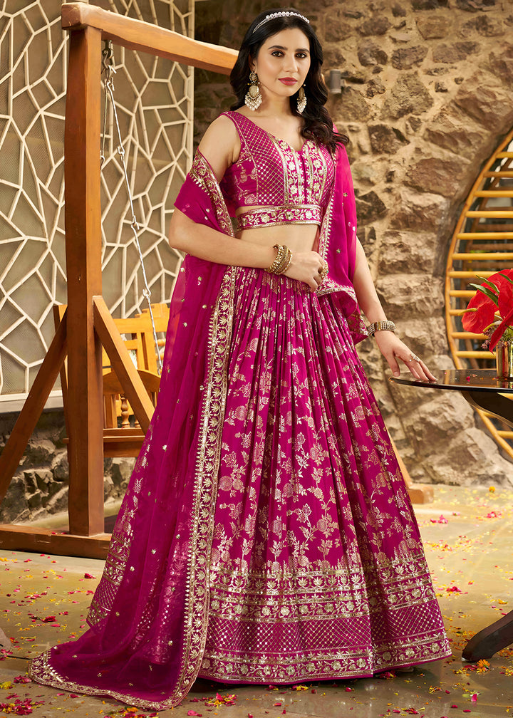 Magenta Pink Jacquard Dola Silk Lehenga Choli with Delicate Zari &amp; Sequin Detailing