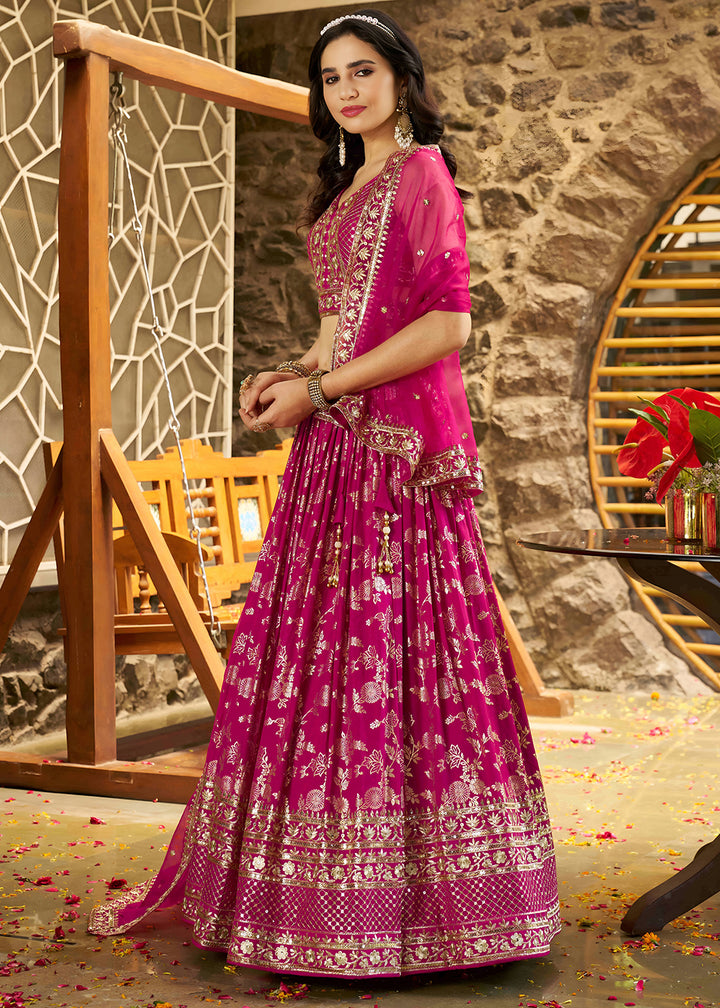 Magenta Pink Jacquard Dola Silk Lehenga Choli with Delicate Zari &amp; Sequin Detailing