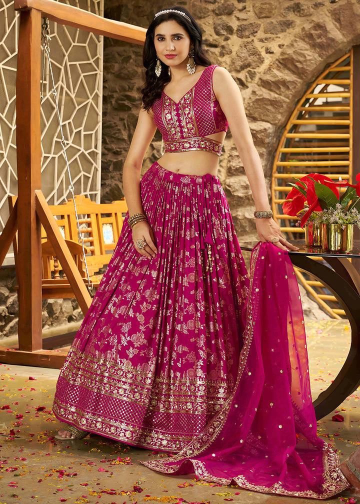 Magenta Pink Jacquard Dola Silk Lehenga Choli with Delicate Zari &amp; Sequin Detailing