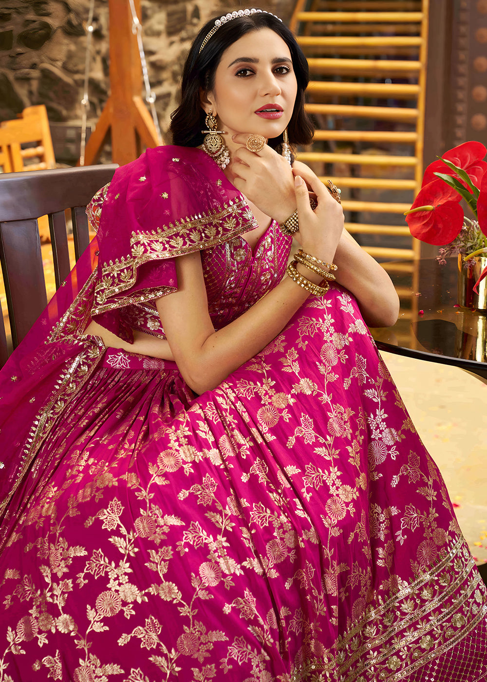 Magenta Pink Jacquard Dola Silk Lehenga Choli with Delicate Zari &amp; Sequin Detailing