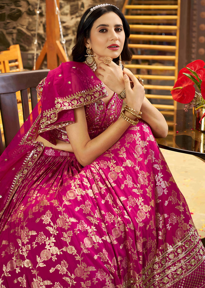Magenta Pink Jacquard Dola Silk Lehenga Choli with Delicate Zari &amp; Sequin Detailing