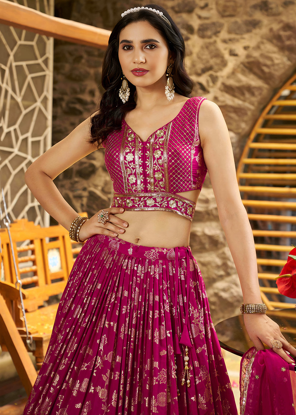Magenta Pink Jacquard Dola Silk Lehenga Choli with Delicate Zari &amp; Sequin Detailing