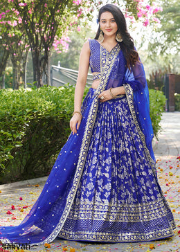 Royal Blue Jacquard Dola Silk Lehenga Choli with Floral Zari, Sequin & Ornate Border Detailing